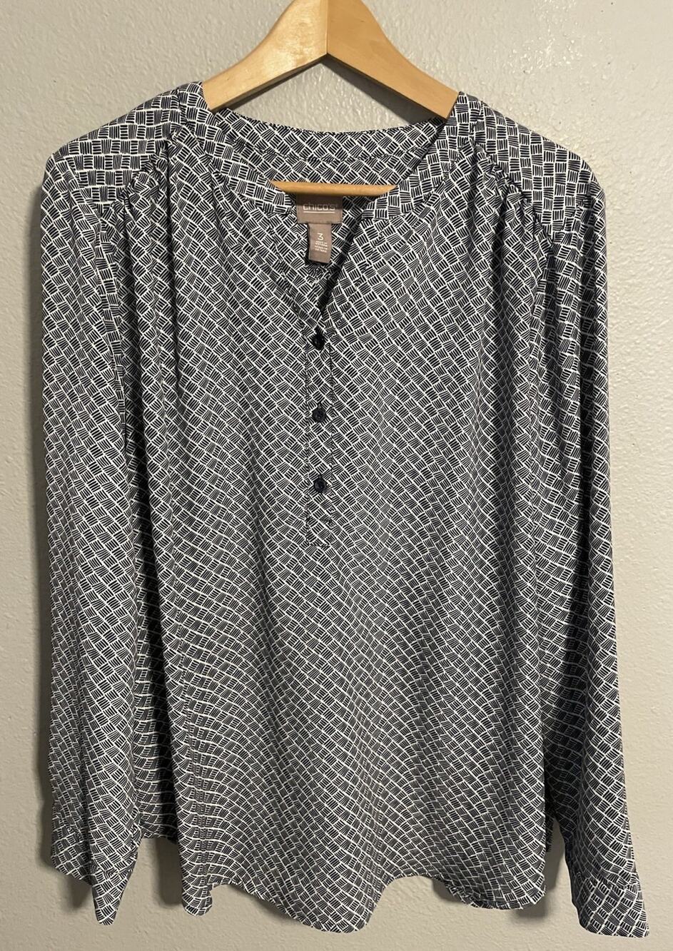Chicos Womens Top Size 3 US XL Blue Geometric Popover Peasant Modern Casual